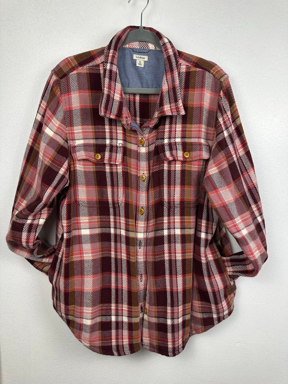 L.L. Bean Burgundy Pink Plaid Flannel Shacket Shirt Women's XL